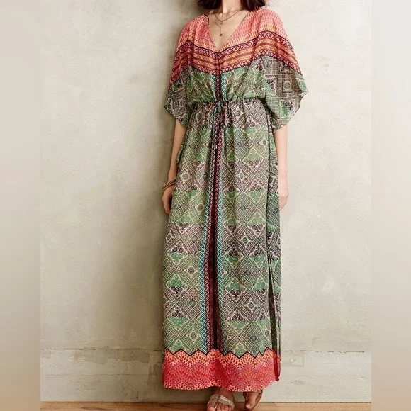 Anthropologie | Dresses | Anthropologie Vanessa Virginia Sheer Boho Earthy  Hippie Mosaic Caftan Maxi Dress | Poshmark